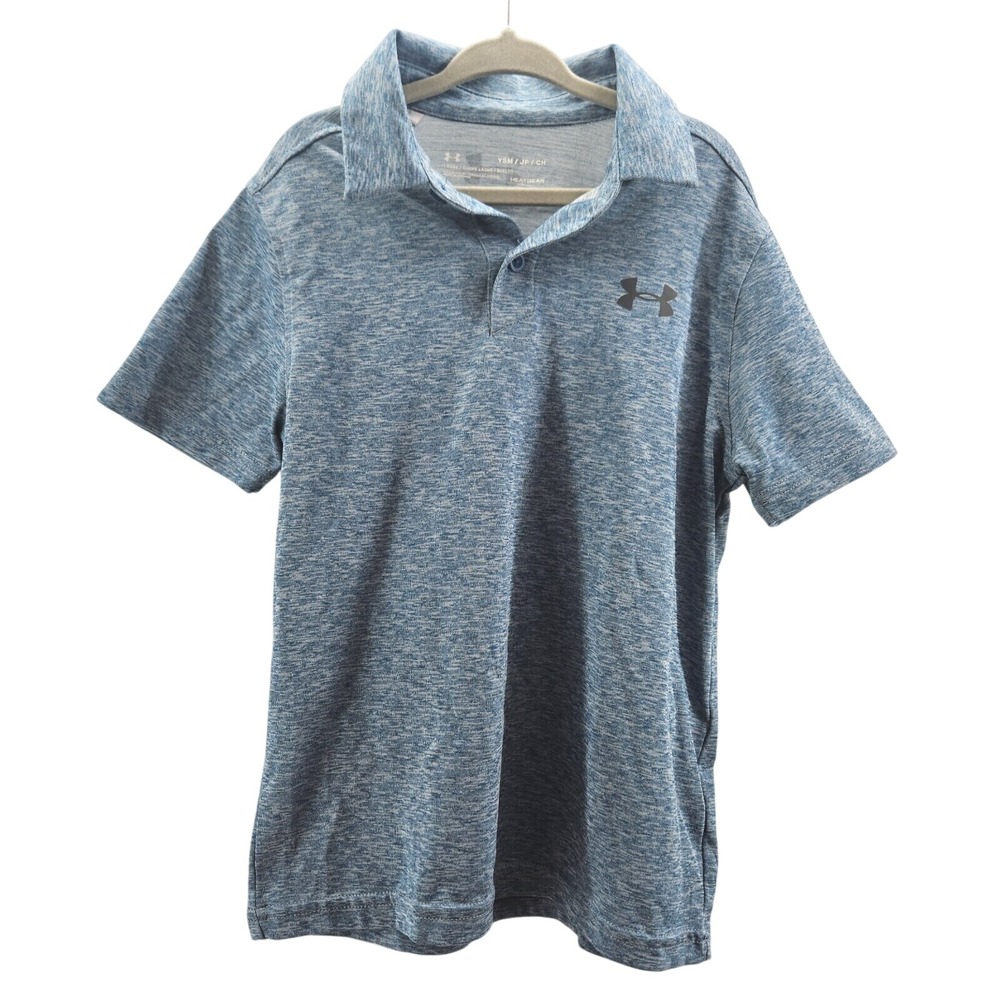 Under Armour Boys Polo Collared Shirt HeatGear Logo Blue Heathered Youth Small
